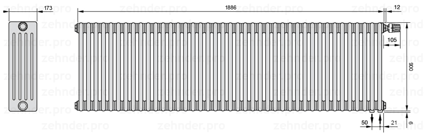 Схема (чертеж) Радиатор Zehnder Charleston 5090/41 №V002 Белый глянцевый RAL 9016